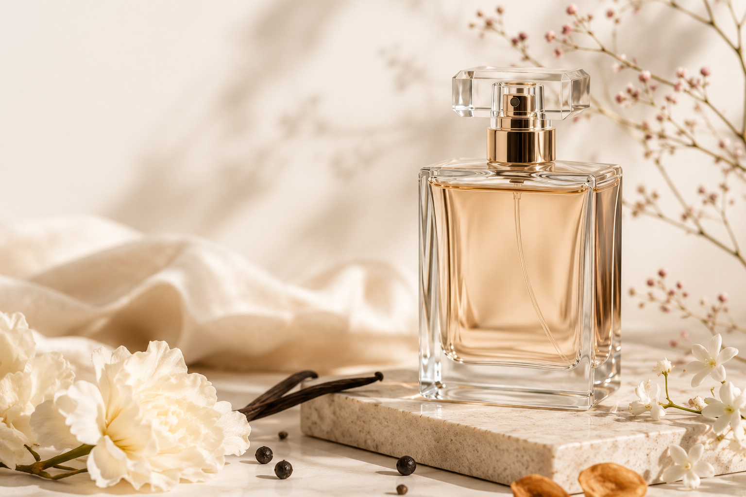 Elegant perfume bottle surrounded by soft flowers and fragrance ingredients
